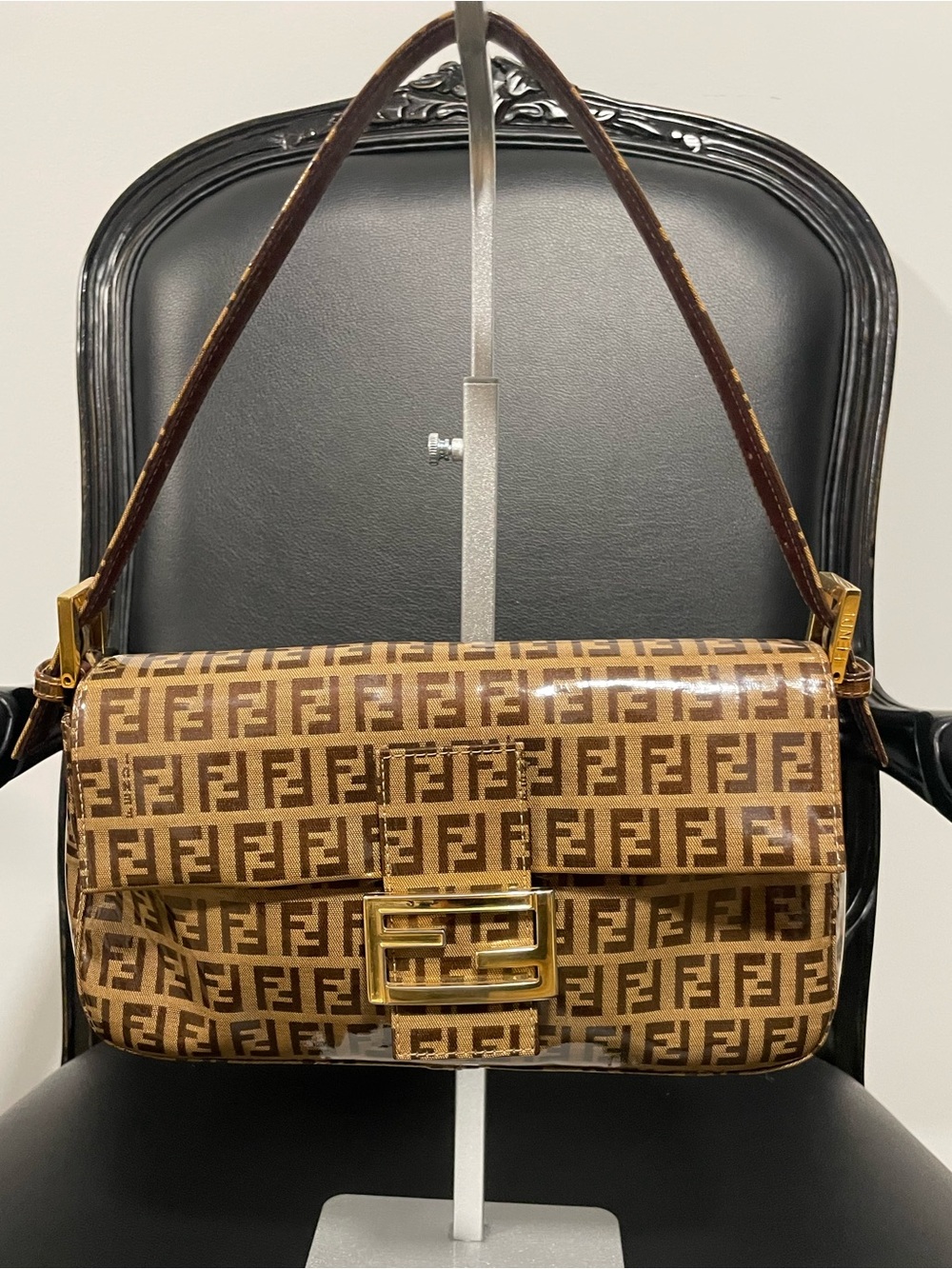 Fendi Brown FF Logo Patent Leather Baguette Shoulder Bag